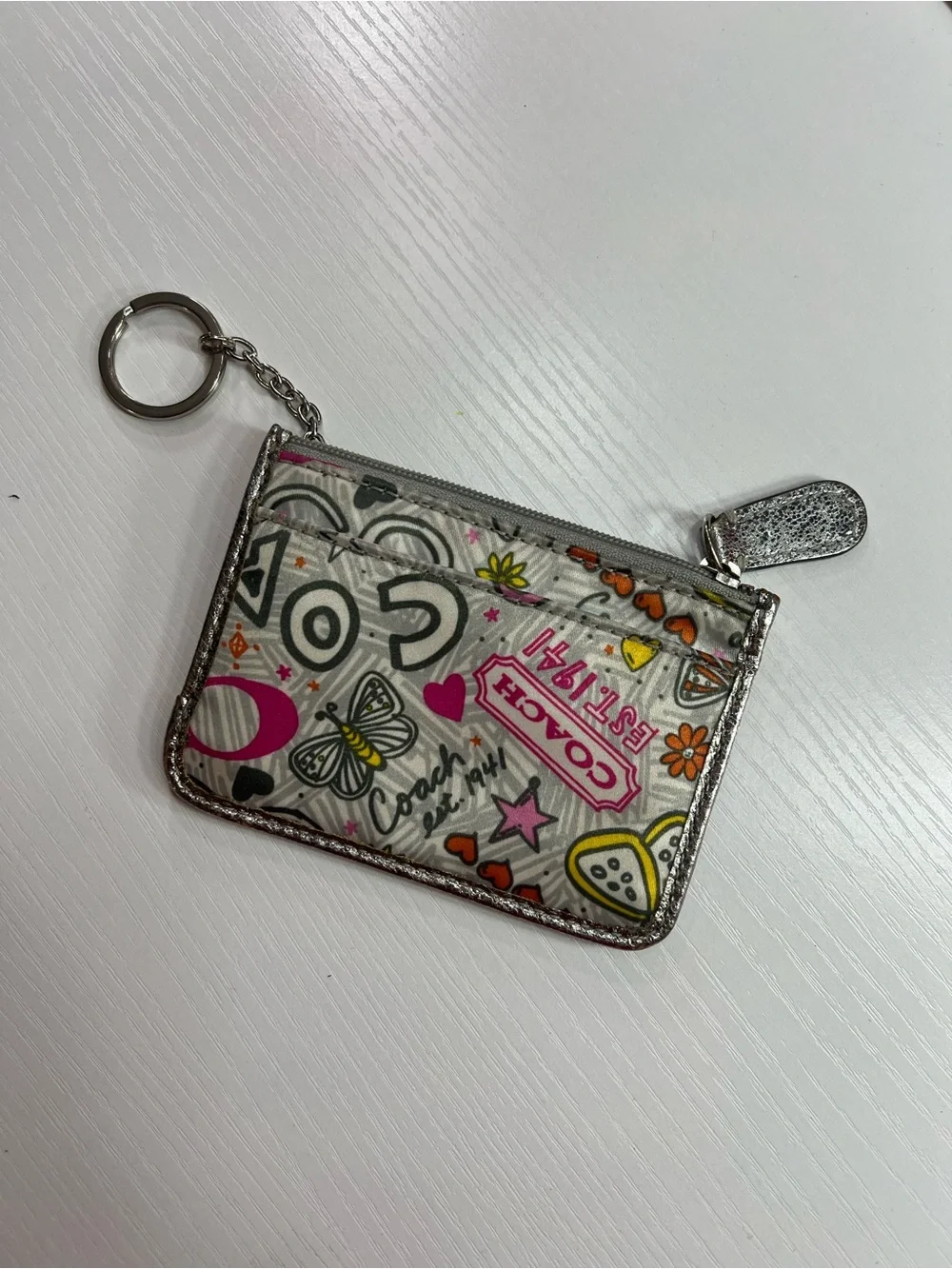 Coach Silver-Trim Poppy Graphic Card Case Keychain